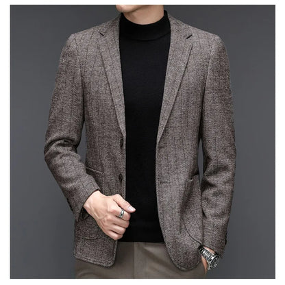 KIDWHXR Man Suit Coat Non-ironing Striped Turn Down Collar Male Outerwear Slim Long Sleeve Pocket Business Casual Men Blazer