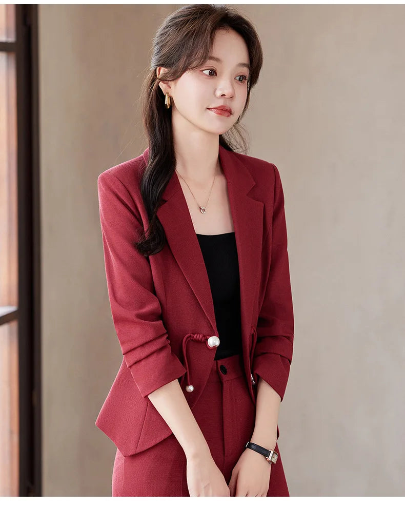 Elegant National Style Buckle Pants Suit  2024 Autumn New Professional Temperament Slim Blazer And Pants Office Ladies Work Wear