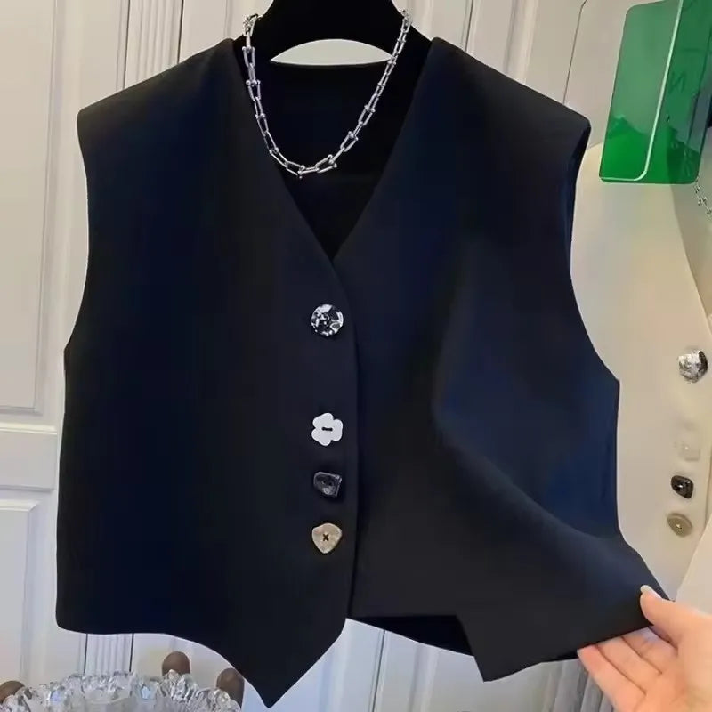 Fashion Irregular V-neck Suit Vests Tops Women 2025 New Summer Unique Buttons Solid All-match Sleeveless Waistcoats Female