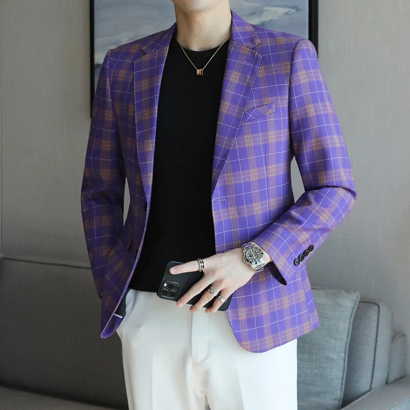 Checkered Suit Jacket for Men Single Breasted Casual Business Blazers Slim Fit Social Office Banquet Host Wedding Dress Jackets