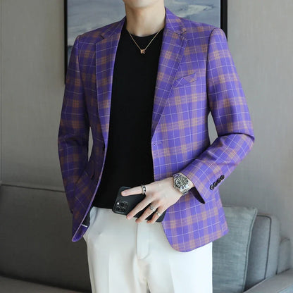 Checkered Suit Jacket for Men Single Breasted Casual Business Blazers Slim Fit Social Office Banquet Host Wedding Dress Jackets