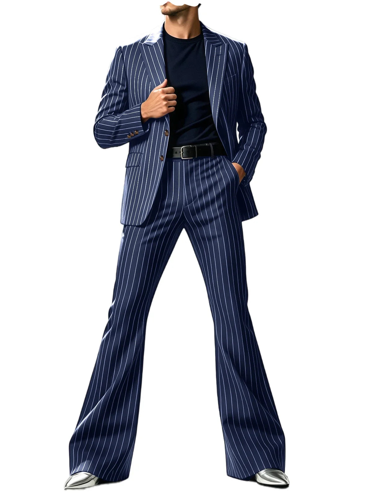 Men's Suit 2-Piece Slim Fit Pinstripe Blazer & High Waist Flared Pants for Business Casual and Formal Occasions