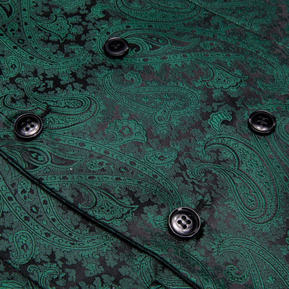 Men's Vest Tie Hanky Cufflinks Set – Black Green Jacquard Floral Paisley – Wedding & Banquet