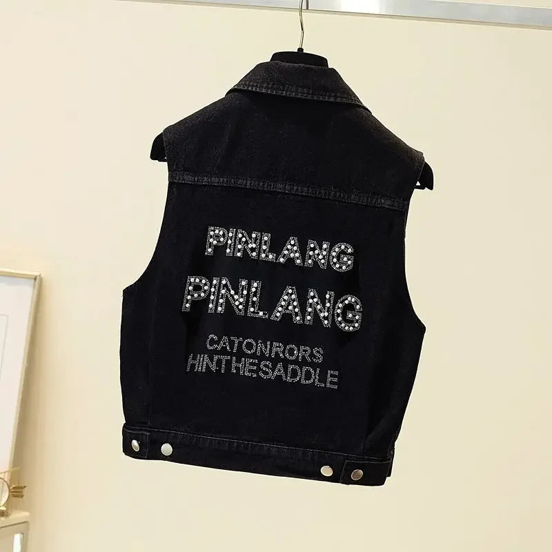 Women's Hot Drill Denim Vest Cropped Sleeveless Top Korean Fashion Streetwear Diamond Designer Vest Coat Trendy Jeans Waistcoat