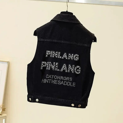 Women's Hot Drill Denim Vest Cropped Sleeveless Top Korean Fashion Streetwear Diamond Designer Vest Coat Trendy Jeans Waistcoat