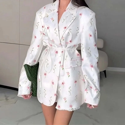 Spring Autumn Fashion Women's Pure Color Belted Shoulder Pad Suit Coat Commute Style Loose Fit Long Sleeve Regular Length