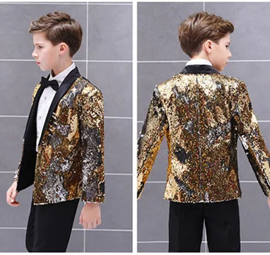 Boys Gradient Sequins Formal Wedding Birthday Party Suits Kids Jacket pants Bowtie 3pcs Price Piano Performance Costume