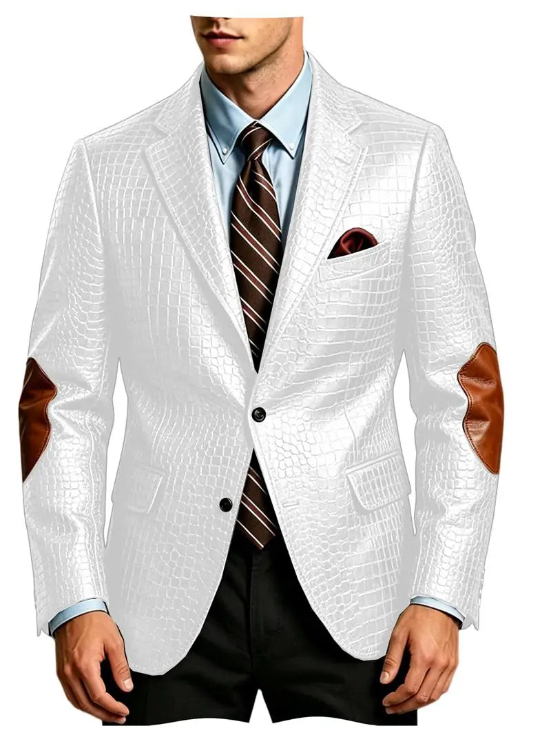 Men's Crocodile Embossed Leather Brown Jacket Patchwork Lapel Collar Slim Fit Luxury PU Blazer For Business Casual Party