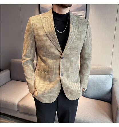 Men's Smart Casual Blazer – Vintage Coin Check Pattern – Brown & White Grey – Shopping & Office Wear