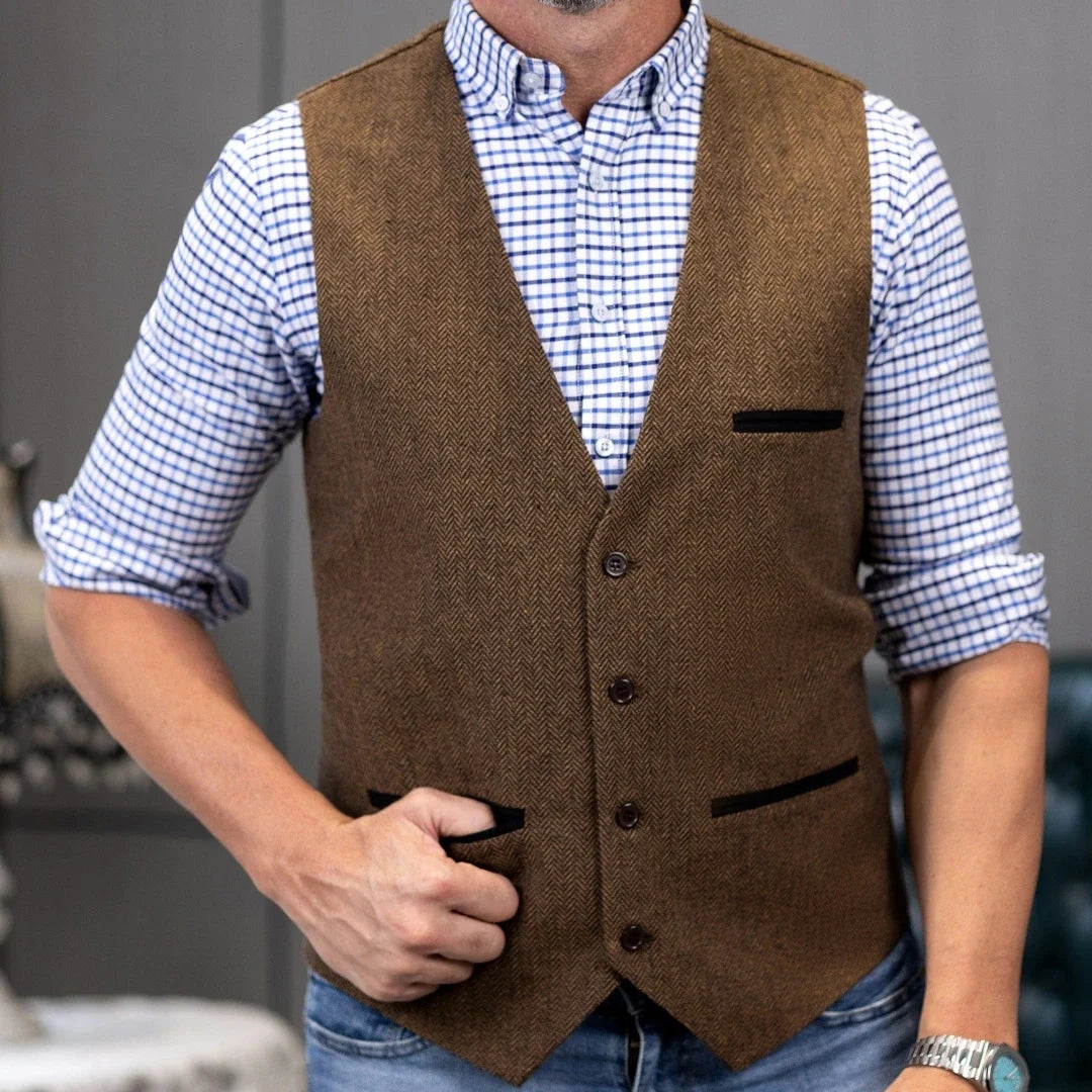 Men's Herringbone Tweed Vest Single Button V-Neck Waistcoat for Weddings and Formal Occasions
