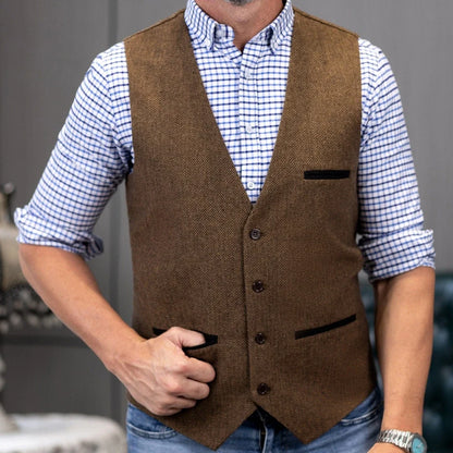 Men's Herringbone Tweed Vest Single Button V-Neck Waistcoat for Weddings and Formal Occasions