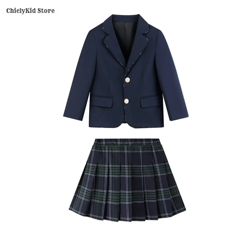 Children British School Uniforms Girls Preppy Jacket Pleated Skirts Boys Blazers Pants Suits Kids Teenage Student Clothes Sets