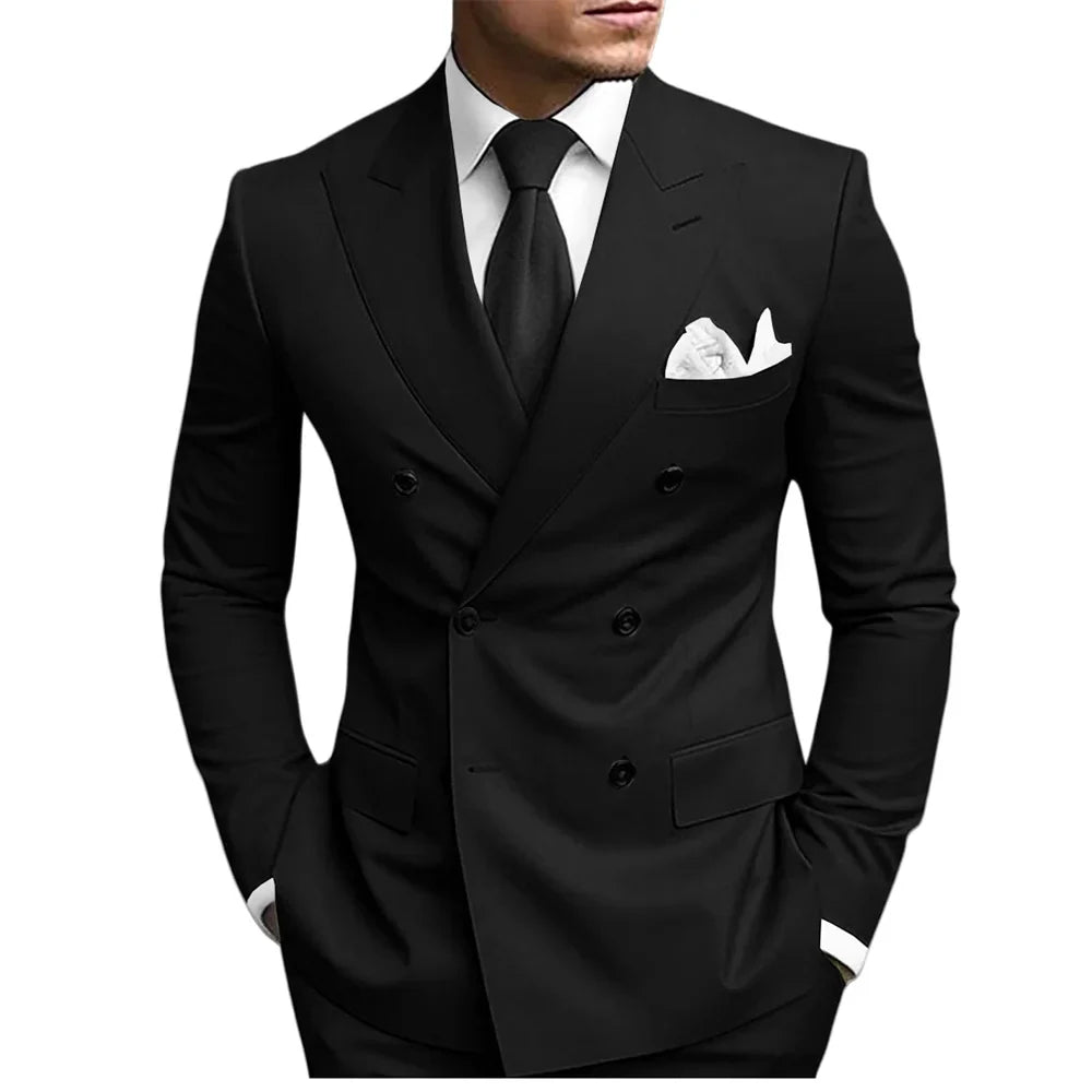 Classic Solid Suit Set 2 Pieces Jacket Pants For Men Wedding Groom Sets Double Breasted Men's Suits Banquet Tuxedo Wear XS-5XL