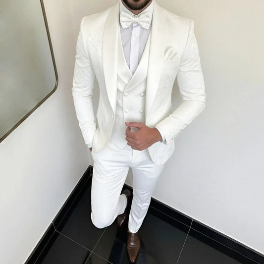 Men Suit White 3 Piece With Lapel Floral Pattern For Wedding Groom Birthday Banquet Party Business Work Office Jacket Vest Pants