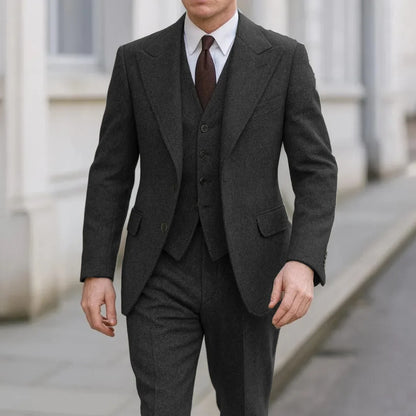 Men Suit Gray 3 Piece Herringbone Single Button With Lapel For Wedding Birthday Banquet Party Prom Business Jacket Vest Pants