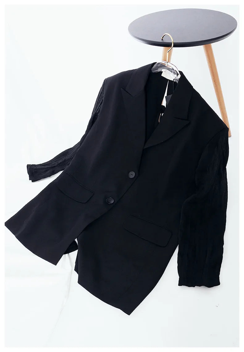 Women Chic Blazer Pleated Long Sleeves Single Breasted Notched Collar Back Lace-up Elegant Ins Coat New Spring 2026 HK19456