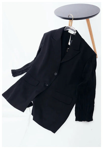 Women Chic Blazer Pleated Long Sleeves Single Breasted Notched Collar Back Lace-up Elegant Ins Coat New Spring 2026 HK19456