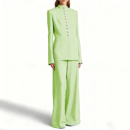 Elegant Women's Suits Pinstripe Two-piece(Jacket+Pants) Set with Stand Collar Gold Single Breasted Business Office Lady Outfit