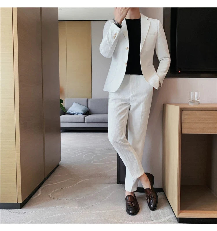 2025 New Waffle Blazers +Pant 2 Piece Set Men Fashion Business Slim Fit Solid Tuxedo Groom Wedding Prom Wear Casual Men's Sets