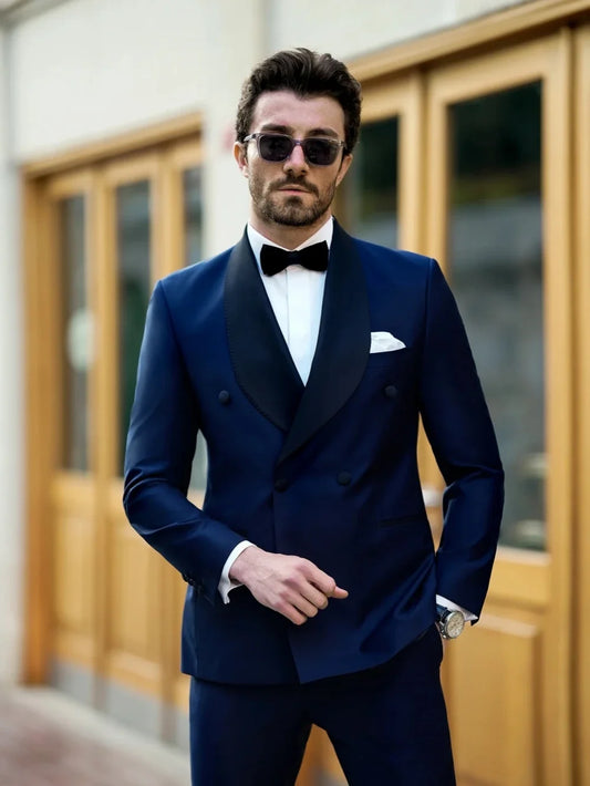 Navy Double Breasted Men's Suit Set Blazer Pants 2 Pieces Customized Slim Fit Shawl Lapel Dresswear For Formal Business Occasion