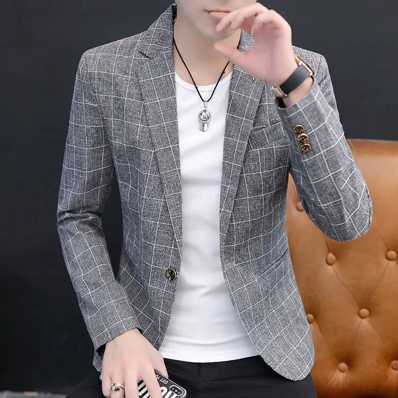 Men Autumn Plaid Blazer Korean Slim Fit Casual Suit Jacket Fashion Trendy Outerwear