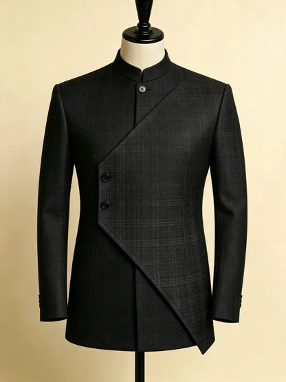 Men Slim Stand Collar Single Jacket Dark Check Panel Blazer New Chinese Style Office Evening Party Outerwear