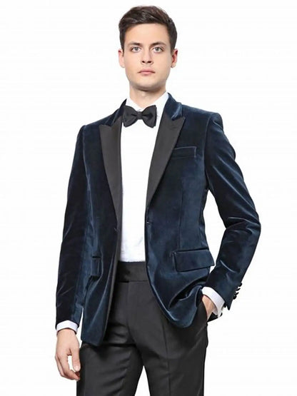 Latest Navy Blue Velvet Male Suits for Wedding 2 Piece Slim Fit Peak Lapel Groom Tuxedos Costume Homme Mariage (Blazer+Pants)
