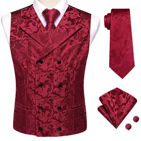 Men's Double Breasted Vest Set – Floral Jacquard Waistcoat with Tie, Pocket Square & Cufflinks for Weddings & Formal Events