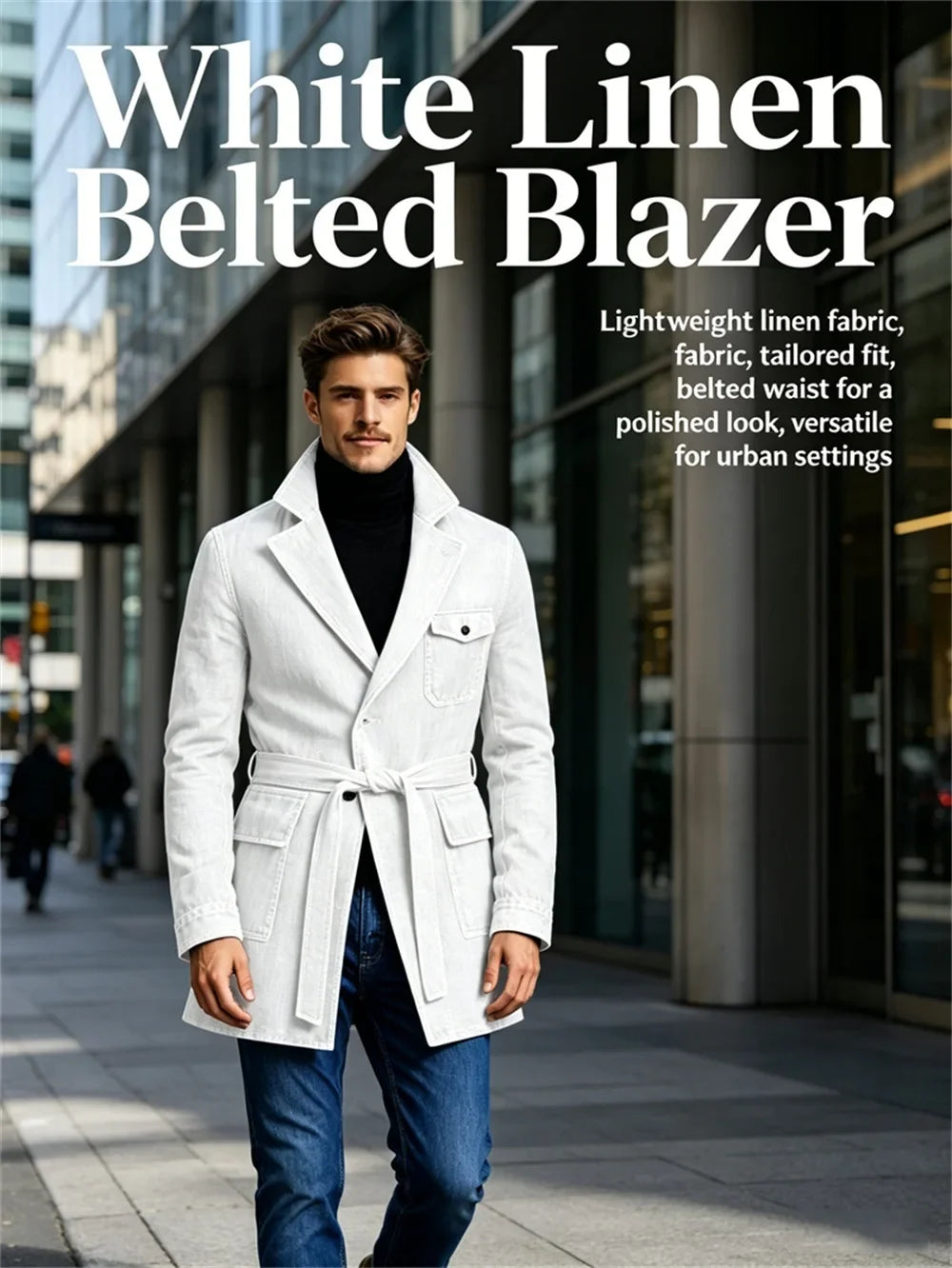 Men's Vintage Mid Length Belted Denim Trench Coat Notched Lapel Casual Workwear Outerwear Stylish Daily Streetwear Jacket