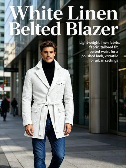 Men's Vintage Mid Length Belted Denim Trench Coat Notched Lapel Casual Workwear Outerwear Stylish Daily Streetwear Jacket