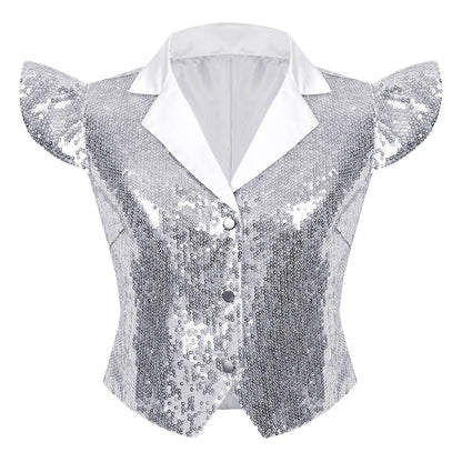 Womens Sparkly Disco Cosutme Sleeveless Vests Sequin Waistcoat for Rave Music Festival Nightclub Jazz Dance Party Dressy Tops