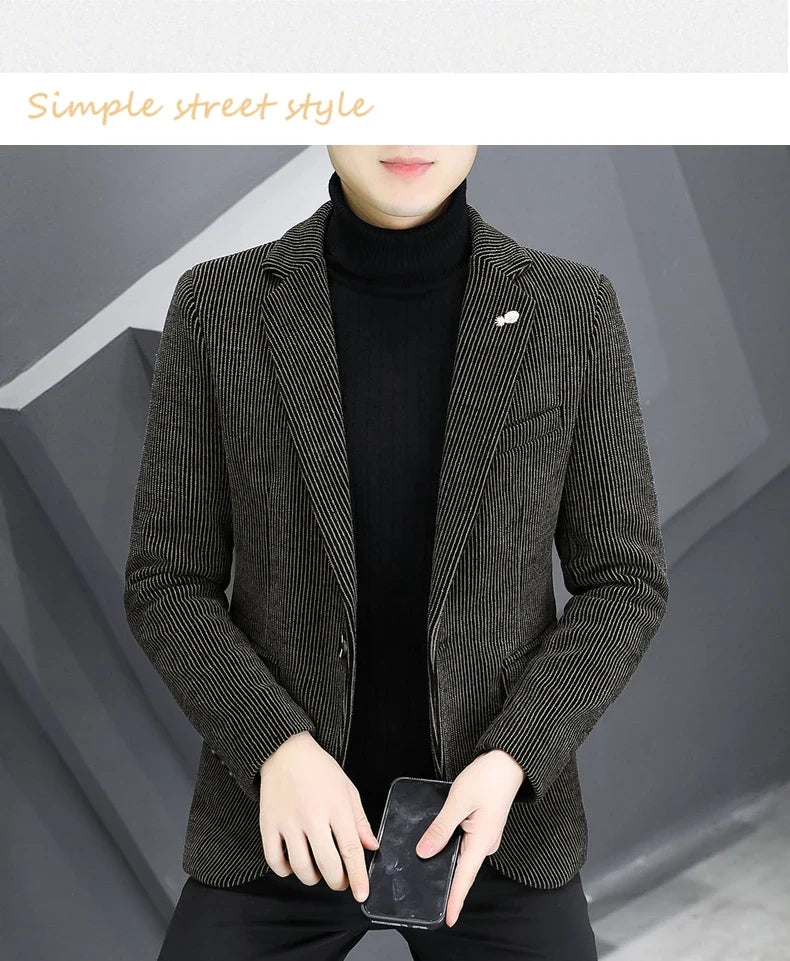 Blazer Autumn/Winter Golden Sable Velvet and Cotton Thickened Thermal Small Suit Fashion Business Men's Slim Blazer