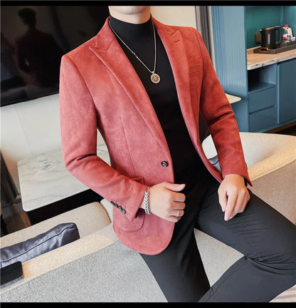 2024 Autumn Winter Men's Suede Suit Jacket High End Business Casual Blazers Slim Fit Wedding Groom Street Wear Social Dress Coat