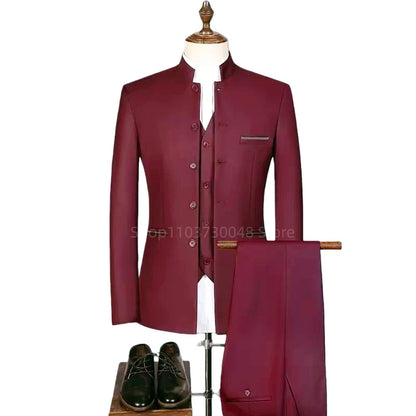 Ensemble de costume classique pour homme, smoking d'affaires chinois, revers montagne, 3 pièces, de haute qualité, pour mariage ou soirée, blazer + pantalon