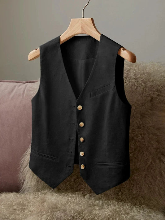 Women's Casual Linen Vest - Versatile V-Neck Button-Front Waistcoat, Lightweight Sleeveless Jacket for Everyday & Office Wear