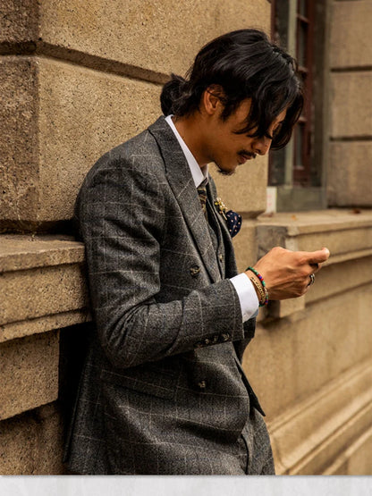 Retro British Style Double Breasted Suit Jacket Men's Checkered Business Formal Suit Wedding Professional Suit