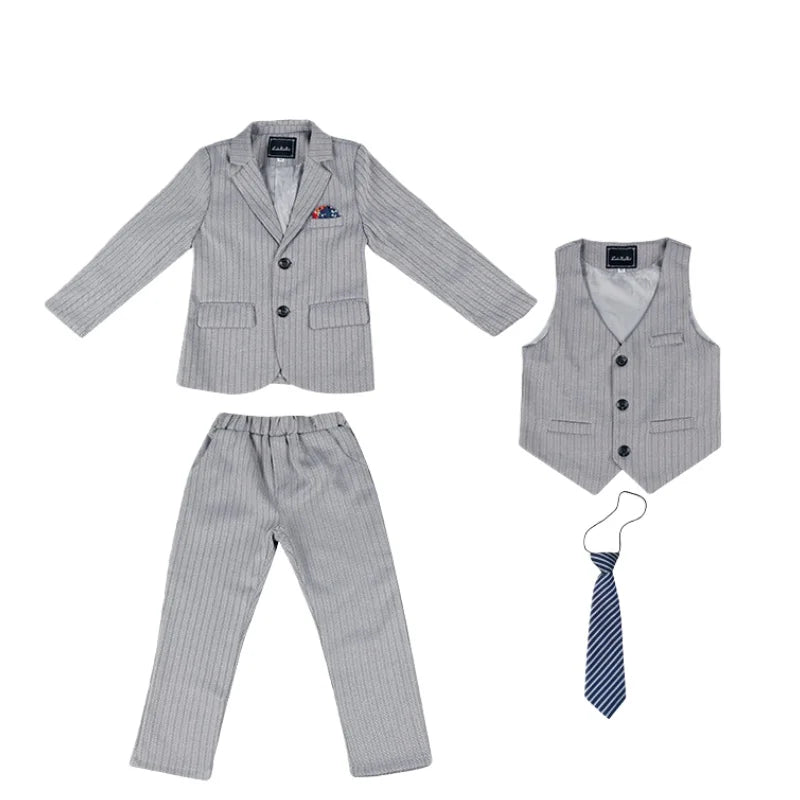 Kids Spring Autumn Striped Suit Set Flower Boys Wedding Outfit 1-11Years Children's Blazer Vest Pants Tie 4Pieces Clothes Set
