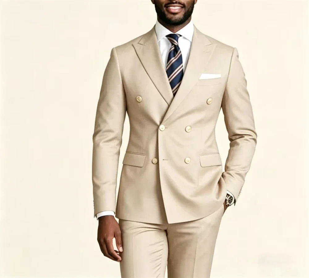 Navy Blue Double-Breasted Suit 2 Pcs Premium Slim Fit Tuxedo Modern Men's Suit Stylish 6-Button Suit Formal Wear