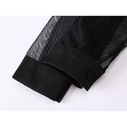 Women's Black Gothic Mesh Patchwork Blazer Coat Vintage Streetwear Harajuku Emo 2000s Suit Jacket Long Sleeve Outerwear Clothes