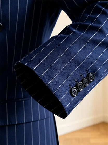 Navy Blue Striped Pattern Business Suit Jacket Double Breasted Slim Fit Blazer Casual Formal Attire Office Groom's Wedding Dress