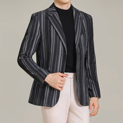 2025 Autumn Winter Velvet Striped Fashion Casual Suit Jacket Slim Fit Versatile Business Blazers Social Wedding Groom Dress Coat