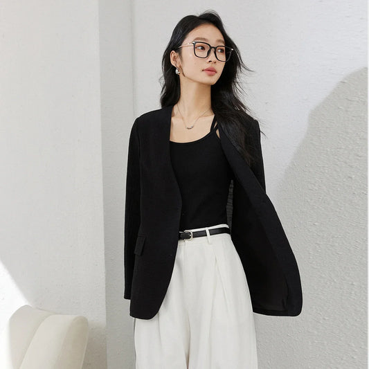 Women's Black Blazer New Autumn 2026 V-neck Loose-fit Casual Office Lady Tailored Coat Fall Fashion Elegant Jackets A0511