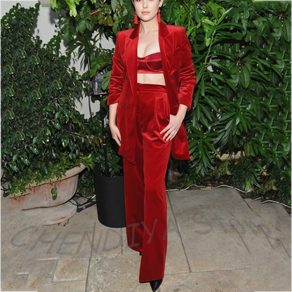 Red Velvet Women Suit Straight Classic Casual Double Breasted Peaked Lapel High Quality Tailored Female Outfit Two Pieces