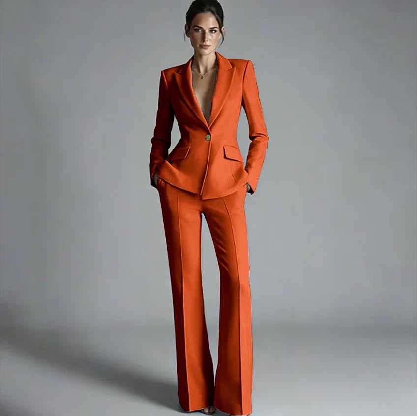 Elegant Women's One-Button Jacket+Pants Suit Set Classic Pink Peaked Lapel 2 Piece Formal Business Wedding Guest Outfit