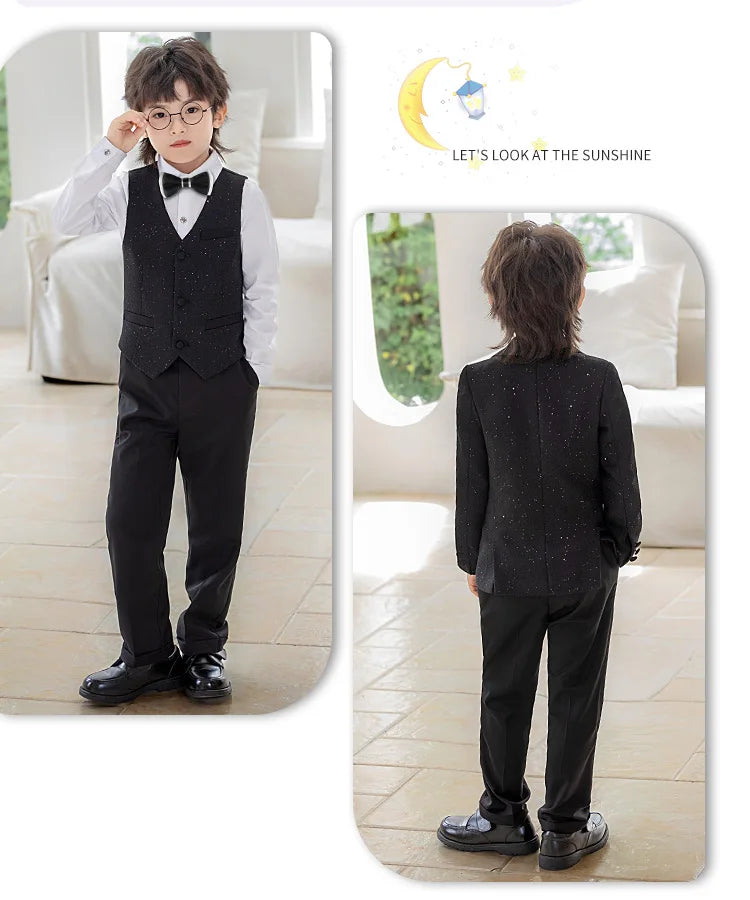 High Quality Boys Shiny Wedding Suits Kids Morning Coat Formal Dress Child Tuxedos Blazer Clothes Sets Toddler School Uniforms