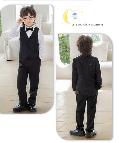 High Quality Boys Shiny Wedding Suits Kids Morning Coat Formal Dress Child Tuxedos Blazer Clothes Sets Toddler School Uniforms