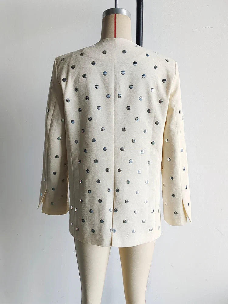 Women's Summer New Rivet Decorative V-neck No-button Casual Suit Jacket Female Temperature Sequin Suit Long Sleeve Jacket