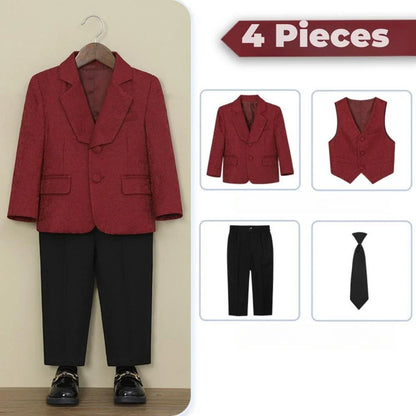 Jacquard Boys Slim Fit Suits 4 Pieces Wedding Birthday Party Wear,Notched Lapel Kids Suit Set Piano Performance Tuxedo