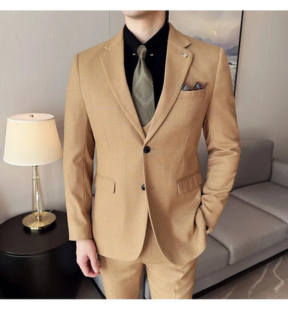 Men's 3-Piece Slim Fit Plaid Suit – Jacket, Vest & Pants for Weddings, Office & Formal Occasions