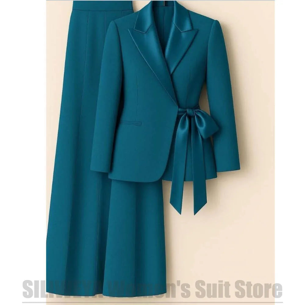 Elegant Women's Suit with Satin Peak Lapel Bow Tie Waist Blazer and Wide Leg Pants Business Wedding Party Tuxedo Two Piece